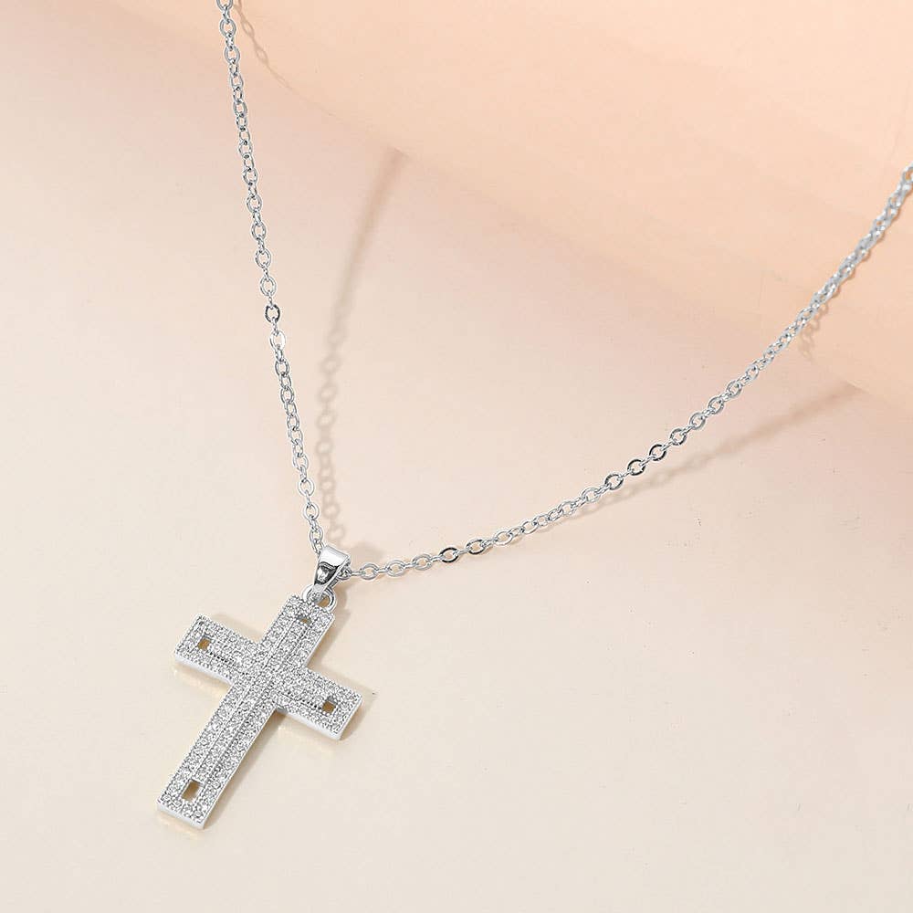 Stainless Steel CZ Stone Paved Cross Pendant Necklace: Clear,Silver