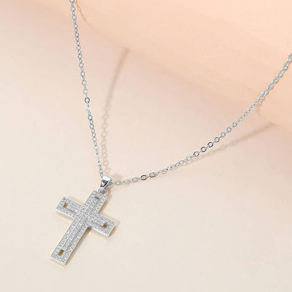 Stainless Steel CZ Stone Paved Cross Pendant Necklace: Clear,Silver
