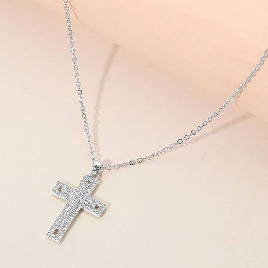 Stainless Steel CZ Stone Paved Cross Pendant Necklace: Clear,Silver