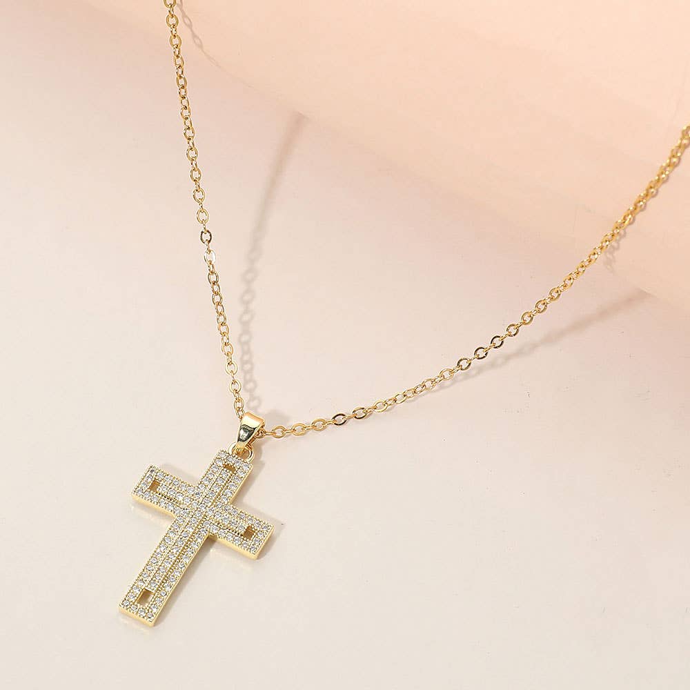 Stainless Steel CZ Stone Paved Cross Pendant Necklace: Clear,Silver