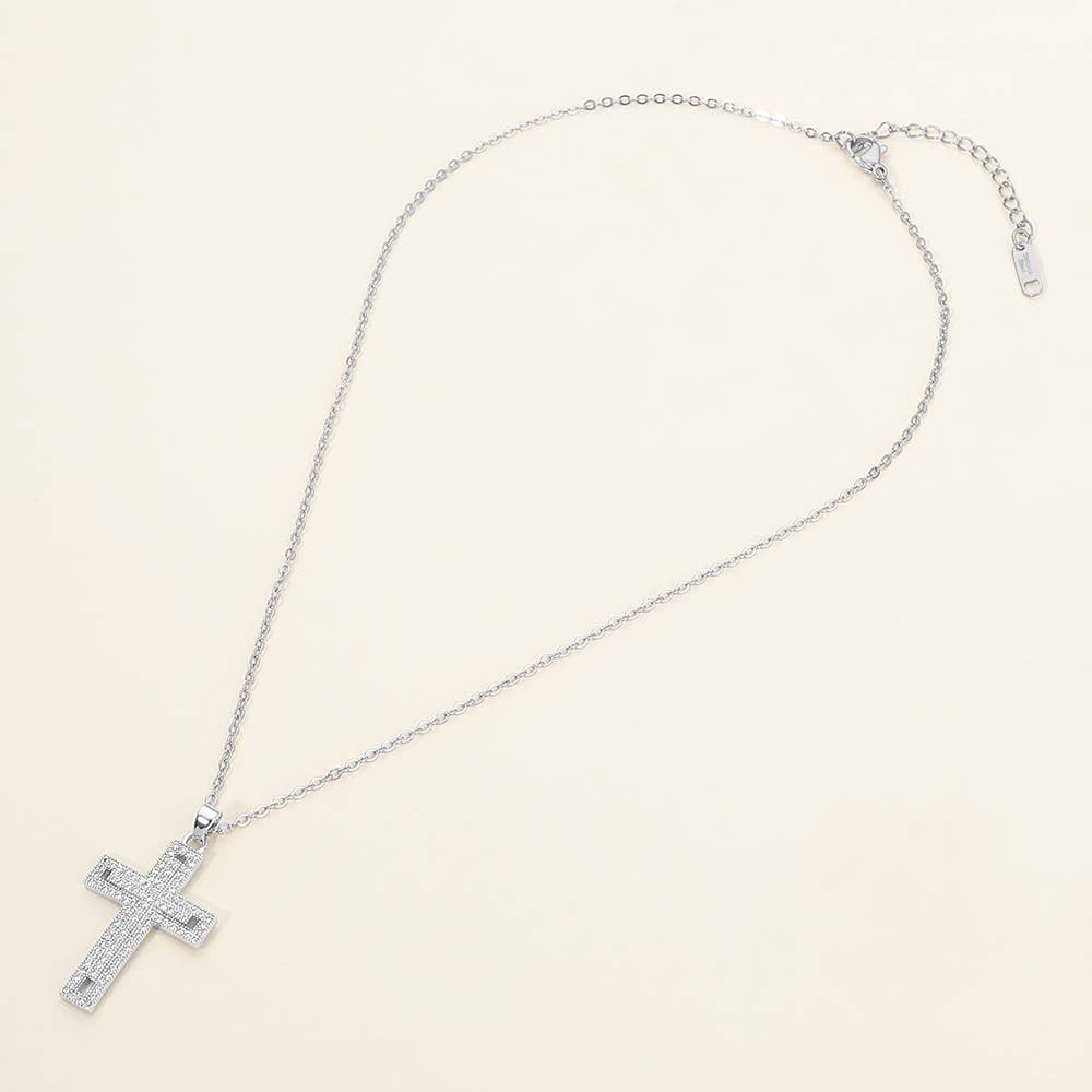 Stainless Steel CZ Stone Paved Cross Pendant Necklace: Clear,Silver