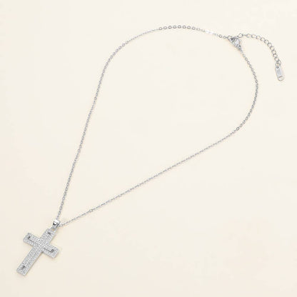 Stainless Steel CZ Stone Paved Cross Pendant Necklace: Clear,Silver