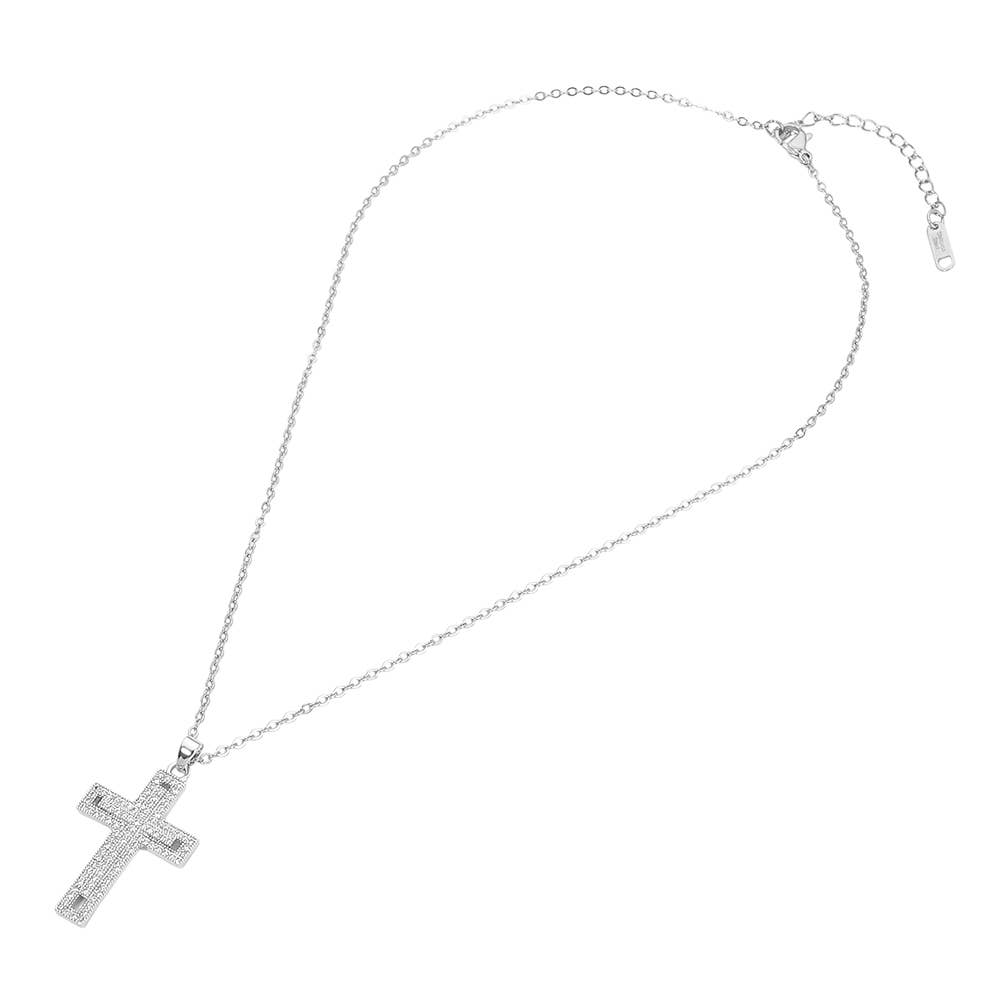 Stainless Steel CZ Stone Paved Cross Pendant Necklace: Clear,Silver