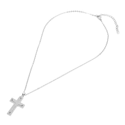 Stainless Steel CZ Stone Paved Cross Pendant Necklace: Clear,Silver