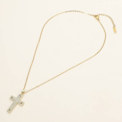 Stainless Steel CZ Stone Paved Cross Pendant Necklace: Clear,Silver