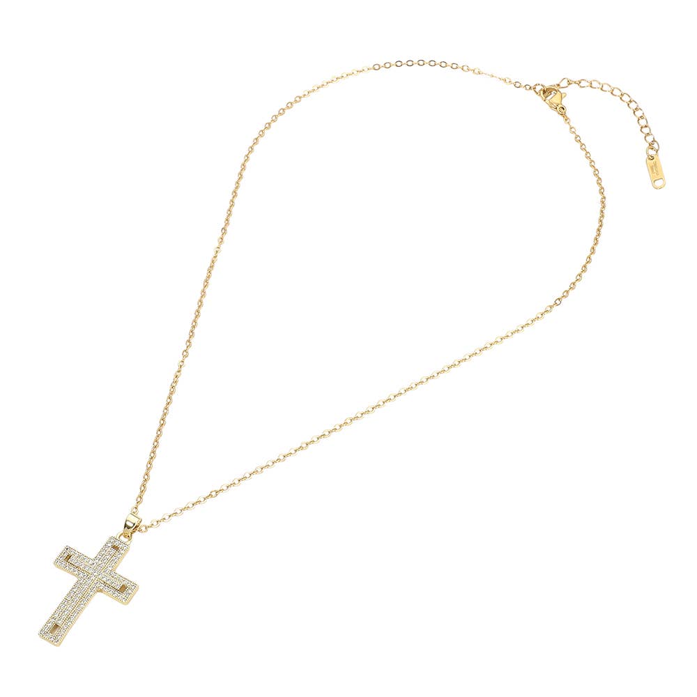 Stainless Steel CZ Stone Paved Cross Pendant Necklace: Clear,Silver