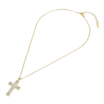 Stainless Steel CZ Stone Paved Cross Pendant Necklace: Clear,Silver