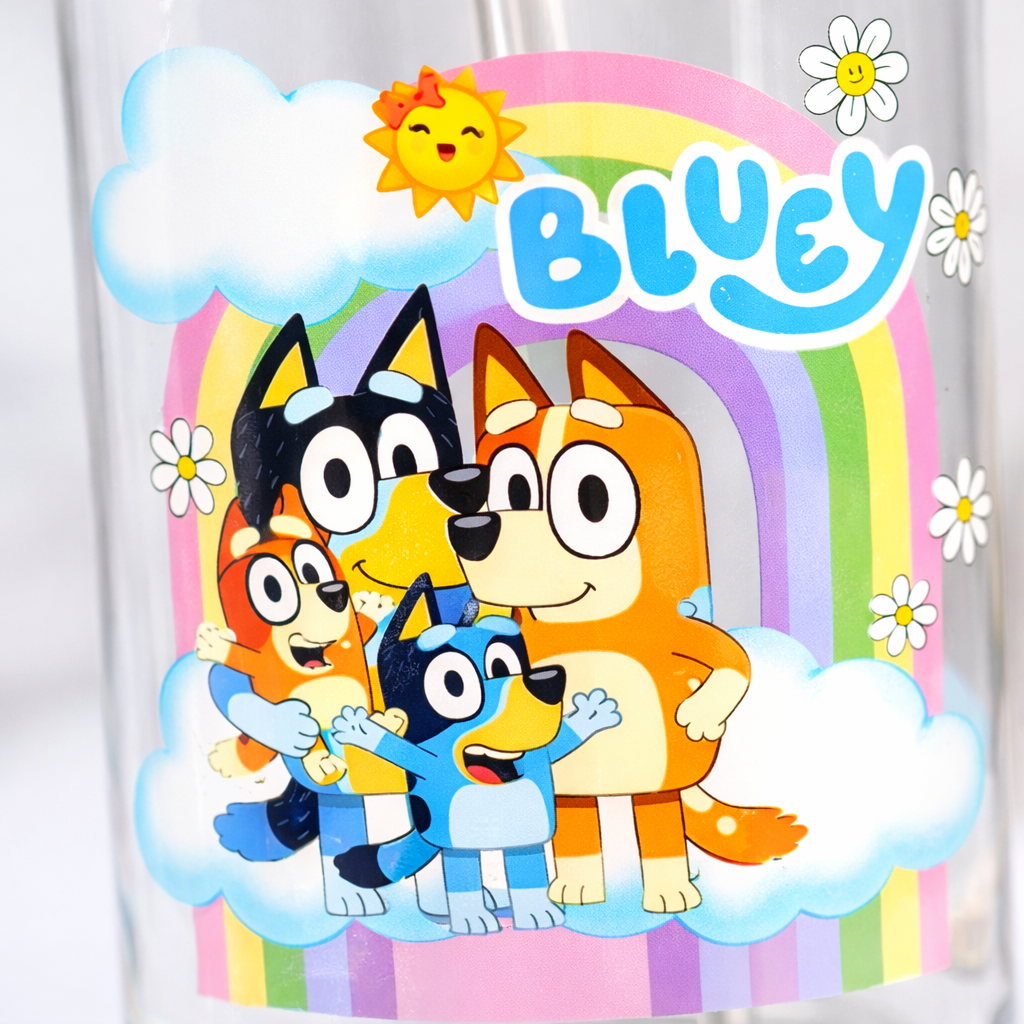 Glass Libbey cup with Bamboo Lid and straw - Adorable Blue Family