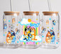 Glass Libbey cup with Bamboo Lid and straw - Adorable Blue Family