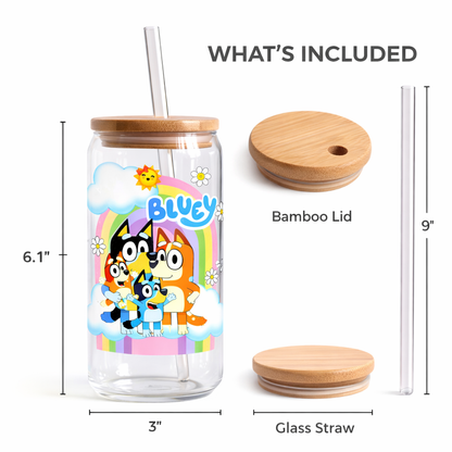 Glass Libbey cup with Bamboo Lid and straw - Adorable Blue Family